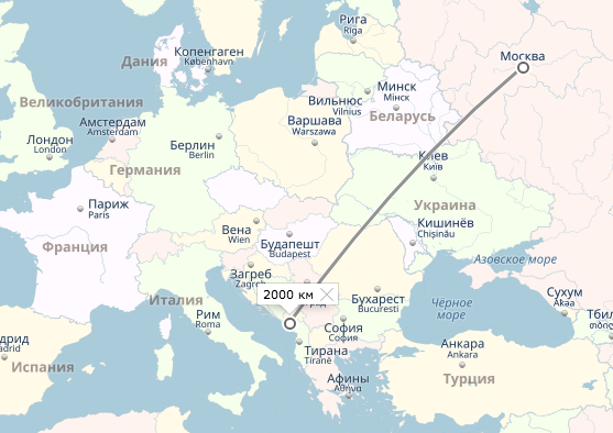 Черногория на карте Европы - 2 часа 40 минут самолетом